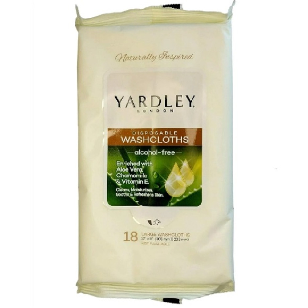 2 YARDLEY LONDON 18 DISPOSABLE WASHCLOTHS WITH ALOE VERA, CHAMOMILE & VITAMIN E.
